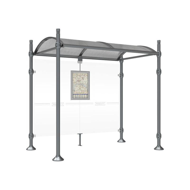 Buswartehalle, Unterstand, 2.500 x 2.500 x 1.600 mm (HxBxT), Kopfmodell Agora, ESG, Fahrplanschaukasten, Farbe enzianblau