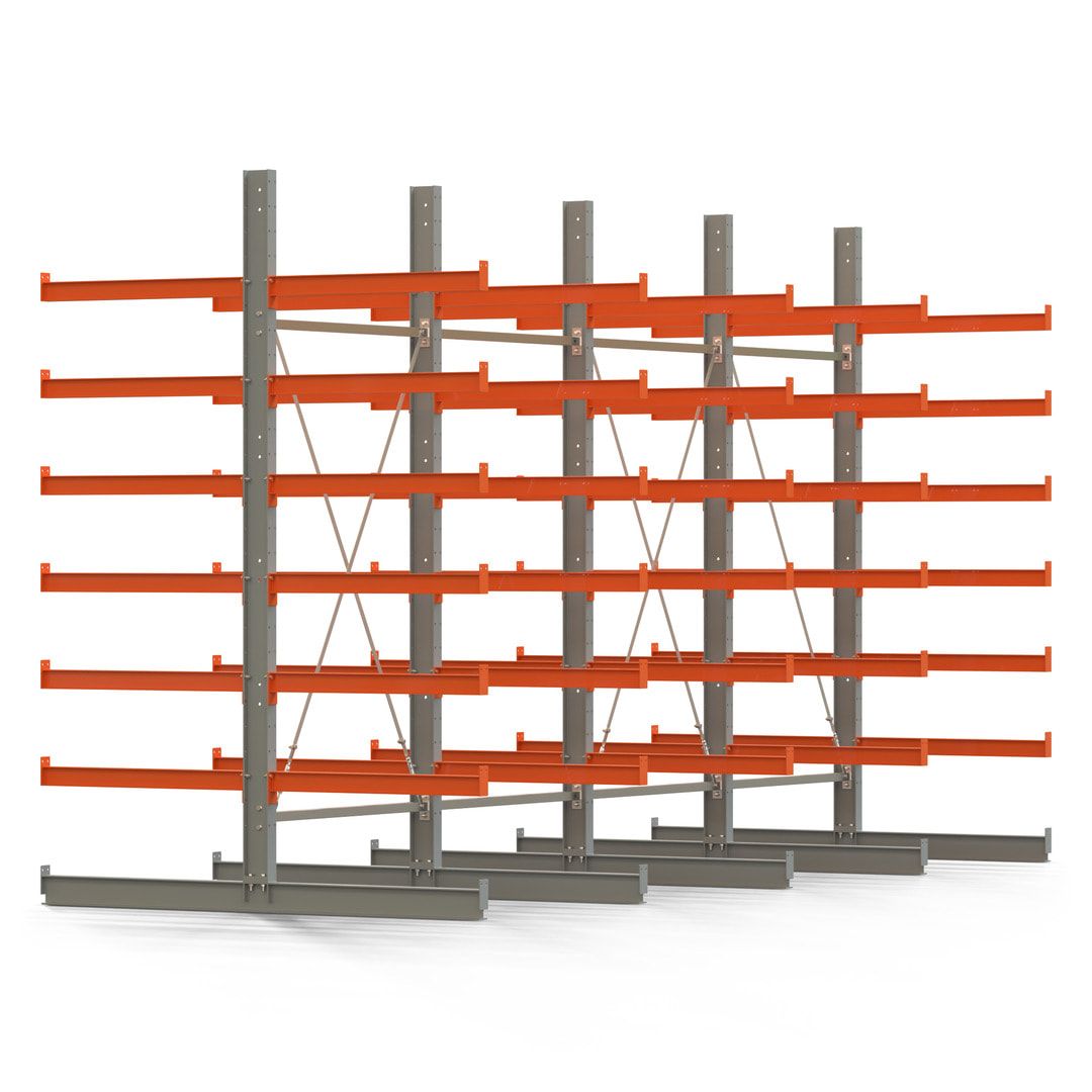 Doppelseitiges Kragarmregal, 2 Felder, 3.000 x 2.560 x 1.120 mm (HxBxT), Nutztiefe 500 mm, Kragarmlast 870 kg, KARL basic, silbergrau/reinorange