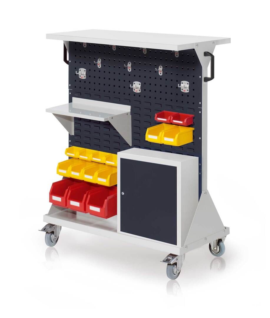 Mobiler Rollwagen, 2 Loch- und 4 Schlitzplatten, 10 Halter, 15 Sichtlagerkästen, Böden, Schrank, 1.270 x 1.000 x 500 mm (HxBxT), Anthrazitgrau