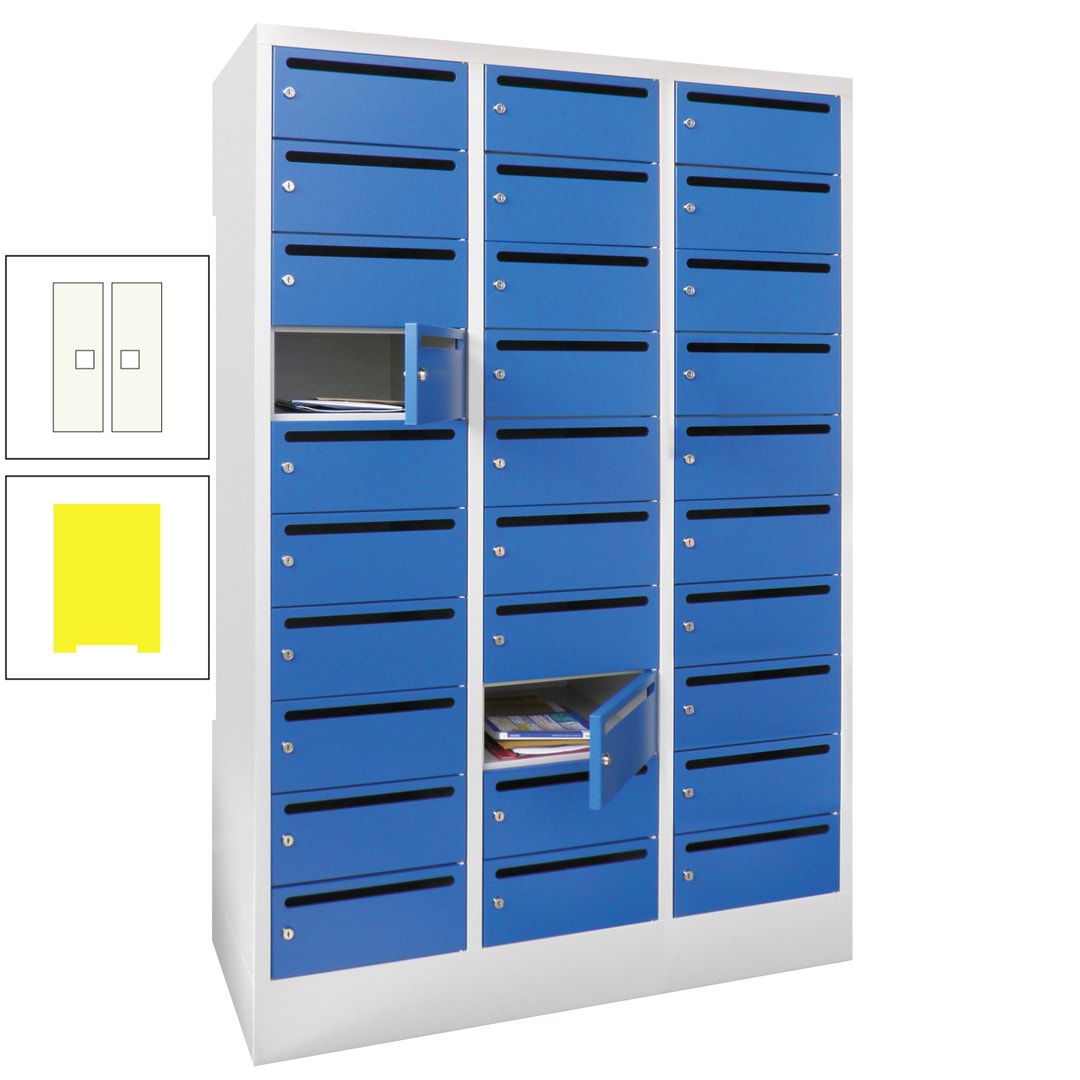 Postverteilerschrank, Schließfachschrank, 3 Abteile a 300 mm, 30 Fächer, 1.850 x 900 x 500 mm (HxBxT), Korpus anthrazitgrau, Front anthrazitgrau