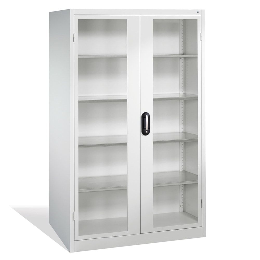 C+P Großraum Werkzeugschrank, Materiallager, Stahlschrank mit Sichtfenstertüren, 4 Fachböden, Farbe lichtgrau, 1.950 x 1.200 x 500 (HxBxT)