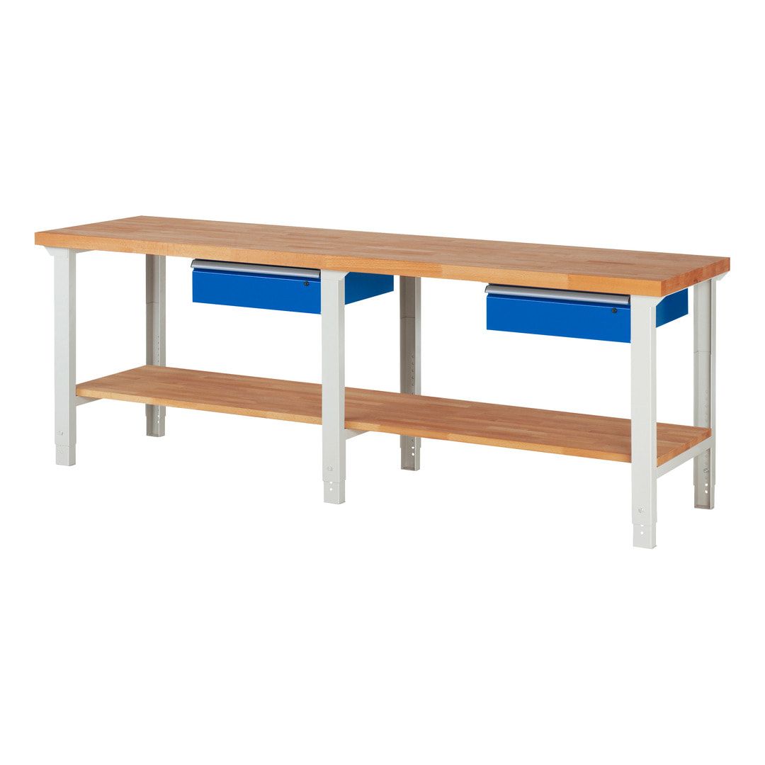 Werkbank mit Ablage - 2 Schubladen - 150:2 - höhenverstellbar 790 - 1.140 mm - 2.500 x 700 mm (BxT) - 750 kg - Buche - Anthrazitgrau