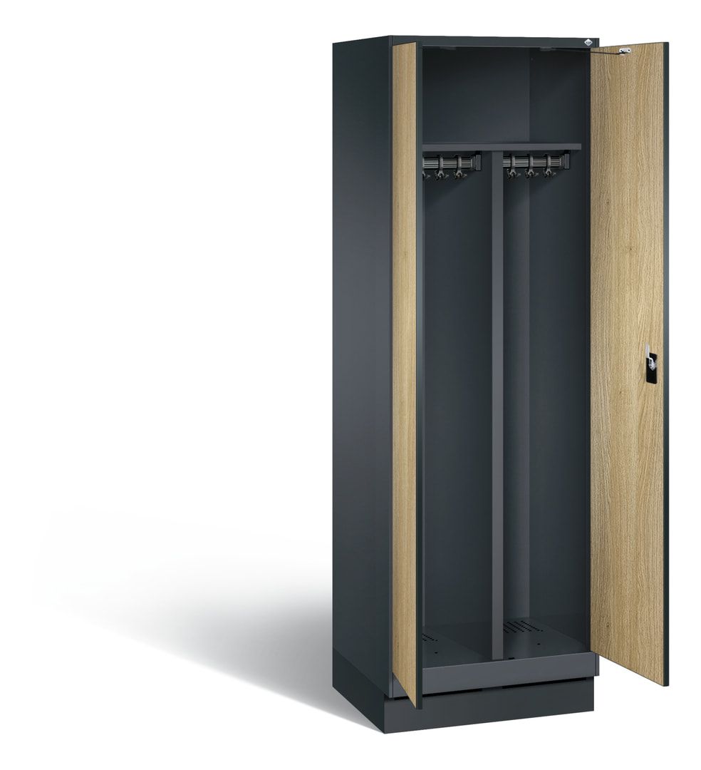 Doppel-Spind, Garderobenschrank auf Sockel, 2 Abteile a 300 mm, Korpus anthrazitgrau, Tür Dekorfront HPL Donau-Ahorn, 1.800 x 600 x 500 mm (HxBxT)