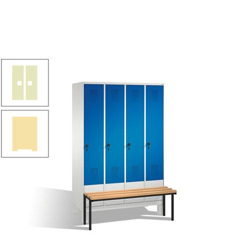 Stahl-Garderobenschrank, Spind, Buche Sitzbank vorgebaut, 4 Abteile a 300 mm, Korpus Lichtgrün, Tür Schwefelgelb, 1.850 x 1.200 x 815 mm (HxBxT)