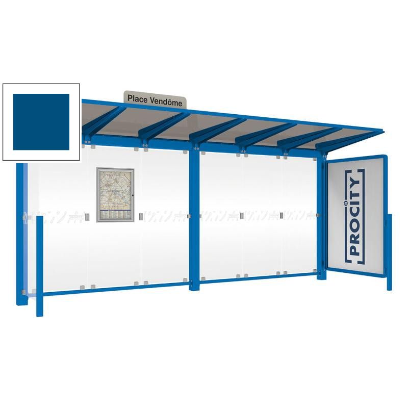 Buswartehalle - Unterstand - Fahrplankasten - Haltestellenschild - Seitenwand - Schaukasten - 2.390 x 5.000 x 1.500 mm (HxBxT) - enzianblau