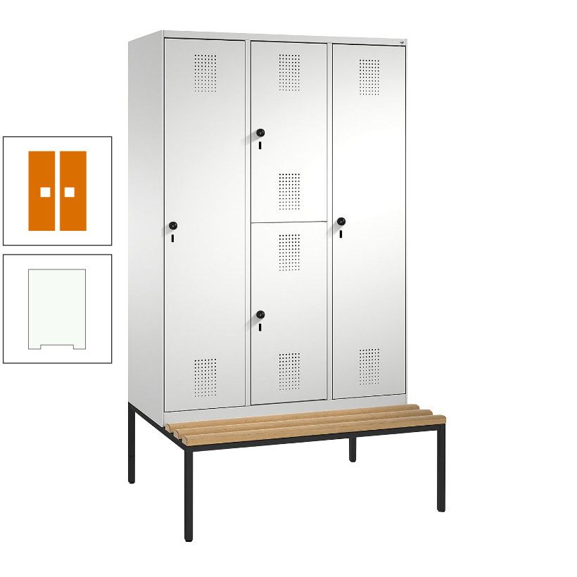Garderobenschrank, Spind ein- und doppelstöckig Sitzbank, 3 Abteile, 4 Fächer, 2.090x1.200x500 mm (HxBxT), Front anthrazitgrau, Korpus anthrazitgrau