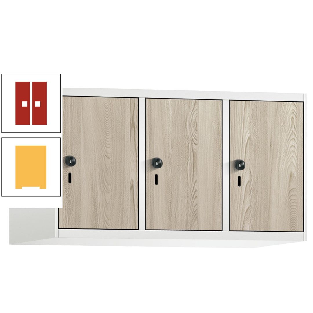 Aufsatzschrank, Schrankaufsatz, 3 Fächer a 300 mm, Farbe Pastellgelb, Tür anthrazitgrau, 500 x 900 x 500 mm (HxBxT)