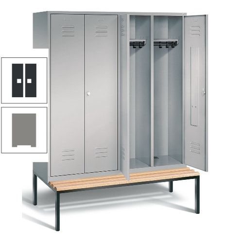 Doppel-Spindschrank, Buche Sitzbank untergebaut, 4 Abteile a 400 mm, Korpus lichtgrau, Tür anthrazitgrau, 2.090 x 1.590 x 815 mm (HxBxT)