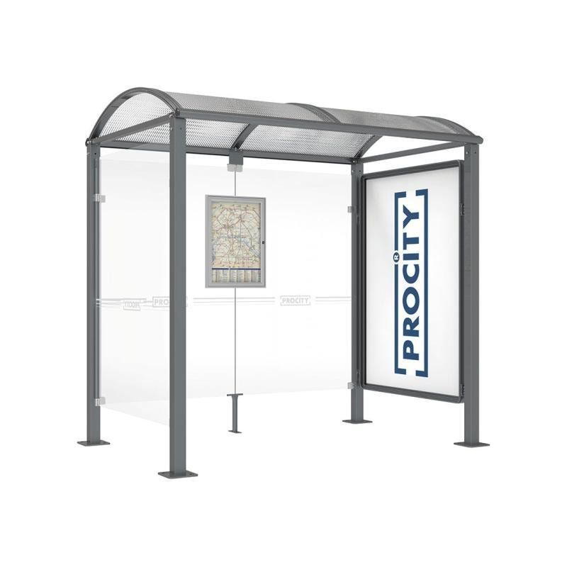 Buswartehalle, Unterstand, 1 Seitenwand, Schaukasten, feuerverzinkt, 2.500 x 2.500 x 1.600 mm (HxBxT), ESG, Fahrplanschaukasten, Farbe enzianblau