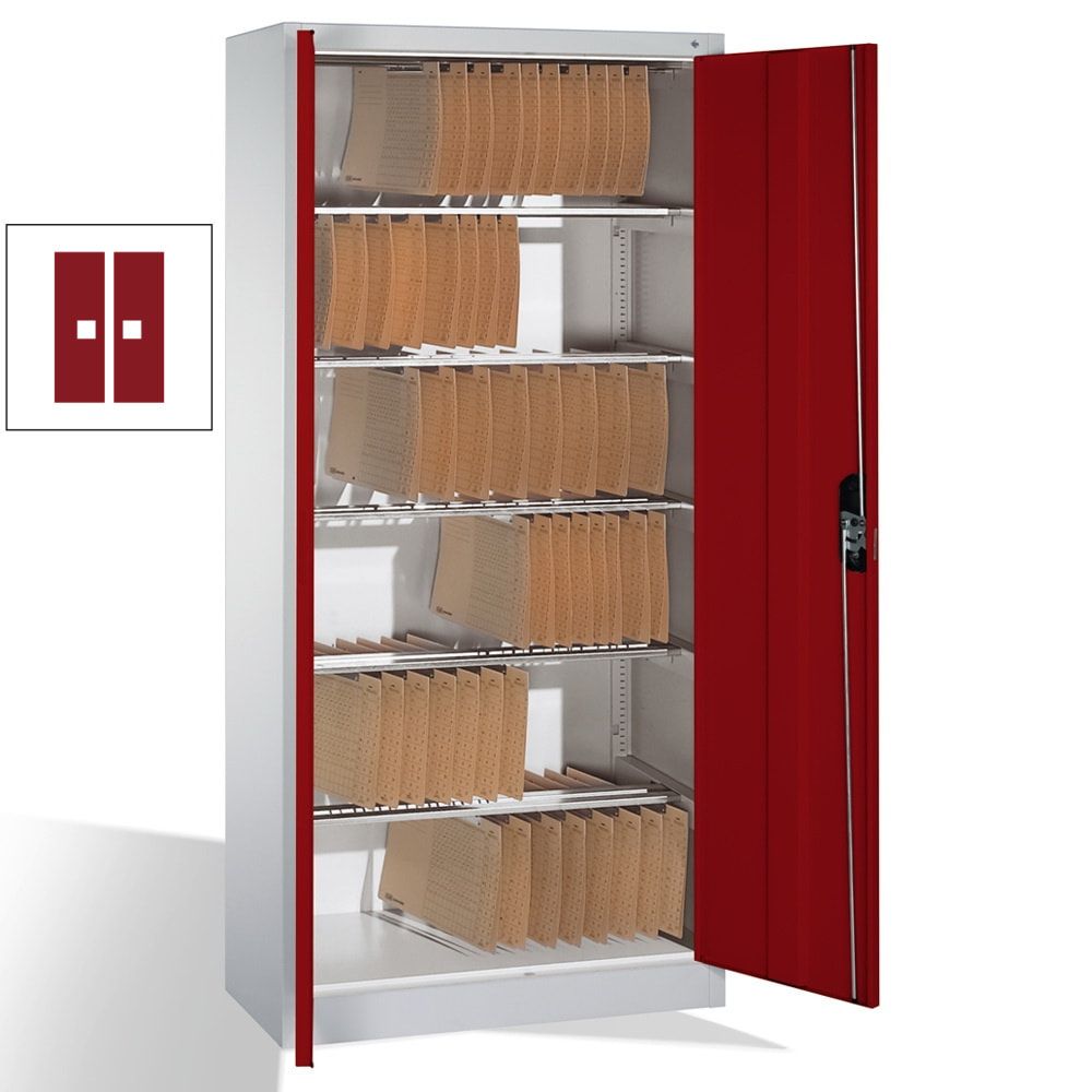 Büroschrank, Aktenschrank mit 6 Pendelstangen, für Elba/Leitz Pendelmappen, Korpusfarbe lichtgrau, Türfarbe enzianblau, 1.950 x 930 x 400 mm (HxBxT)