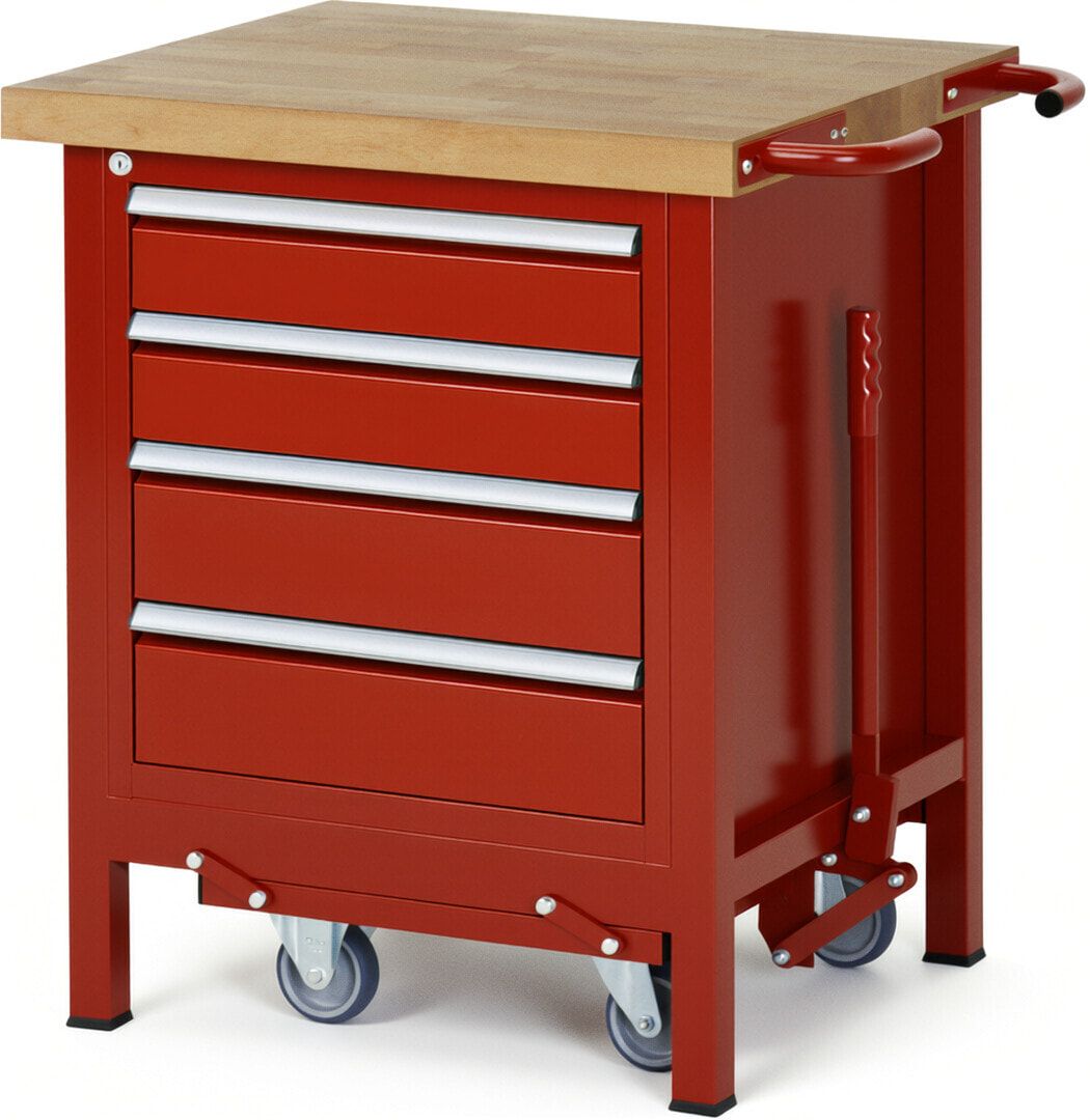 Mobile absenkbare Werkbank - 4 Schubladen - Teilauszug - 120:2 / 150:2 - 880 x 750 x 700 mm (HxBxT) - 1,25 t - Buche - Anthrazitgrau