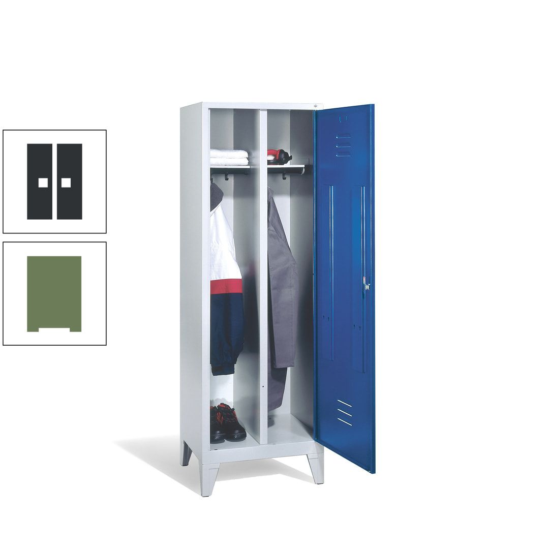 Doppel-Spind mit Großtür, Garderobenschrank mit Füßen, 2 Abteile a 300 mm, Korpus anthrazitgrau, Tür anthrazitgrau, 1.850 x 610 x 500 mm (HxBxT)