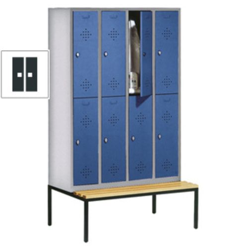 Garderobenschrank, Spind, 4 Abteile 8 Fächer, 2.090 x 1.190 x 815 mm (HxBxT), Hartholz Sitzbank untergebaut, Korpus lichtgrau, Türen anthrazitgrau