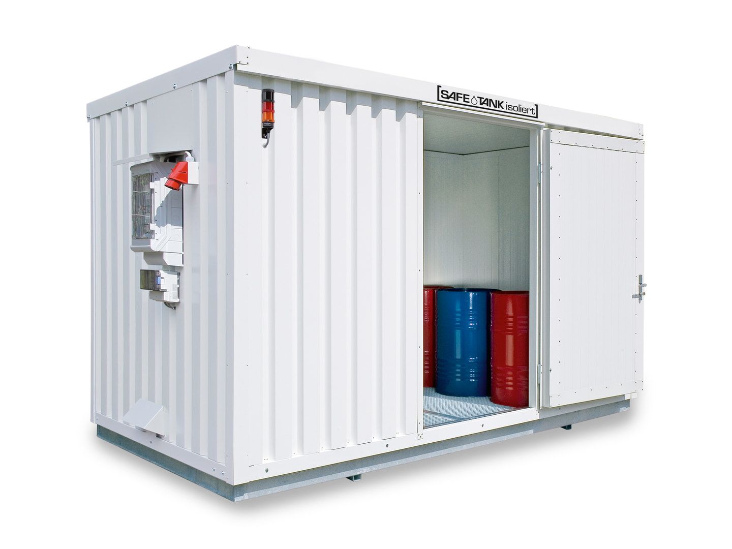 Isolierter Gefahrstoffcontainer - 2.510 x 4.050 x 2.170 mm (HxBxT) - Auffangvolumen 1.050 l - Lüftersteuerung - Doppelflügeltür kurze Seite