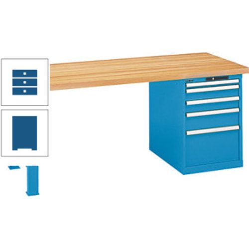 Werkbank, Buche Arbeitsplatte - Code Lock - Tragkraft 1.000 kg - 850 x 2.000 x 800 mm (HxBxT) - 4 Schubladen - Capriblau