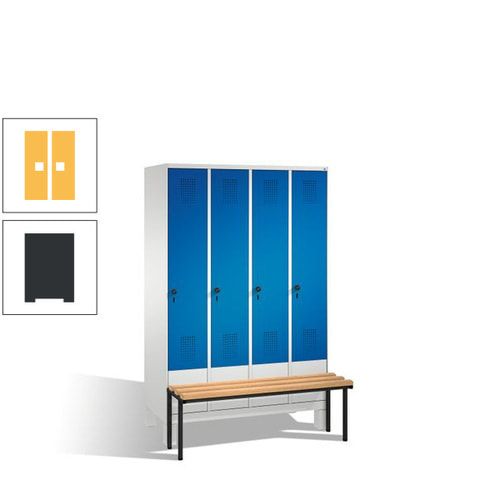 Stahl-Garderobenschrank, Spind, Buche Sitzbank vorgebaut, 4 Abteile a 300 mm, Korpus Lichtgrün, Tür Schwefelgelb, 1.850 x 1.200 x 815 mm (HxBxT)