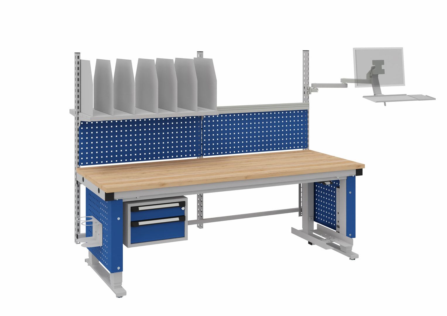 OTTOKIND Packarbeitsplatz, elektrisch höhenverstellbar 730 - 1.230 mm, 2.030 x 800 mm (BxT), Tragkraft 500 kg, 2 Schubladen, ESD leitfähig, lichtgrau