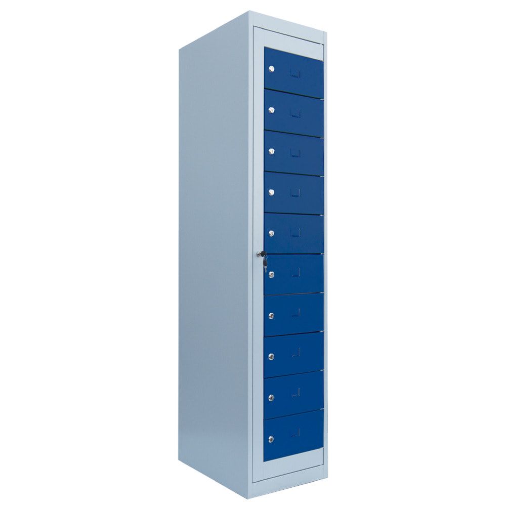 Verteilerschrank, Ausgabeschrank, Fächerschrank, Zentraltür, 1 Abteil, 10 Fächer, 1.800 x 400 x 500 mm (HxBxT), Korpus lichtgrau, Front enzianblau