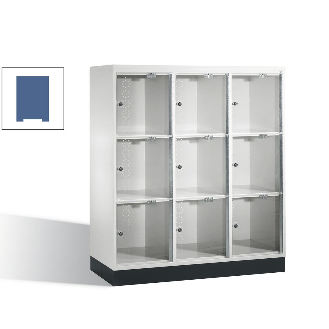 Schließfachschrank, Fächerschrank mit Türen aus Acrylglas, 3 Abteile, 9 Fächer, Zylinderschloss, 1.370 x 1.220 x 500 mm (HxBxT), Korpus anthrazitgrau