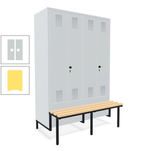 Doppel-Spind, Garderobenschrank, Buche Sitzbank integriert, 4 Abteile 300 mm, Korpus anthrazitgrau, Tür anthrazitgrau, 1.850 x 1.200 x 815 mm (HxBxT)