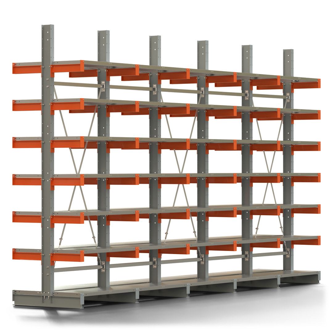 Doppelseitiges Kragarmregal mit Fachböden, 2 Felder, 3.000 x 2.000 (HxB), Nutztiefe 1.000 mm, Kragarmlast 450 kg, KARL basic, silbergrau/reinorange