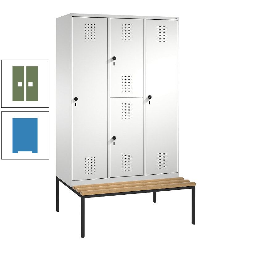 Garderobenschrank, Spind ein- und doppelstöckig Sitzbank, 3 Abteile, 4 Fächer, 2.090x1.200x500 mm (HxBxT), Front anthrazitgrau, Korpus anthrazitgrau