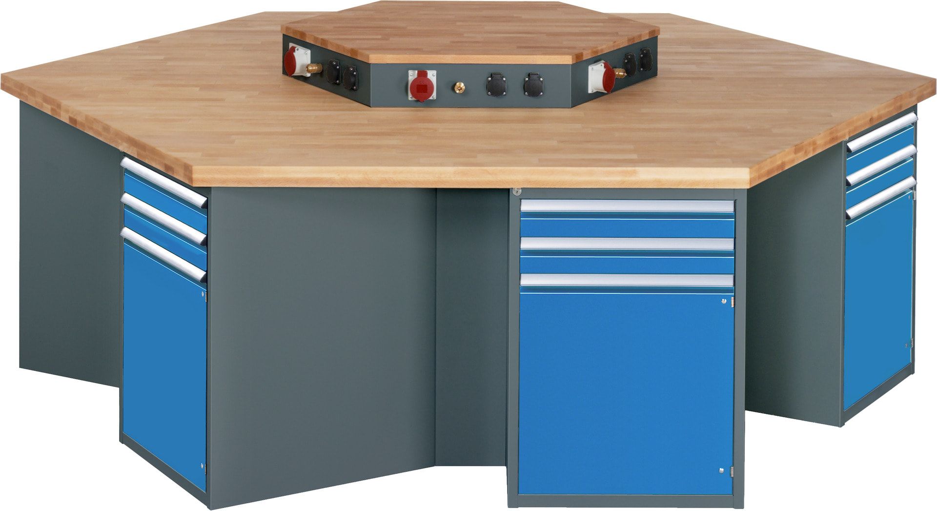 Gruppenwerkbank, Buche, Höhe 840 mm, mit Energieaufsatz, Unterbau-Container, 2 Schubladen, 1 Tür, 1 Boden - Anthrazitgrau