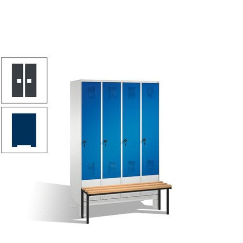 Stahl-Garderobenschrank, Spind, Buche Sitzbank vorgebaut, 4 Abteile a 300 mm, Korpus Lichtgrün, Tür Schwefelgelb, 1.850 x 1.200 x 815 mm (HxBxT)