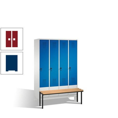Stahl-Garderobenschrank, Spind, Buche Sitzbank vorgebaut, 4 Abteile a 300 mm, Korpus Lichtgrün, Tür Schwefelgelb, 1.850 x 1.200 x 815 mm (HxBxT)