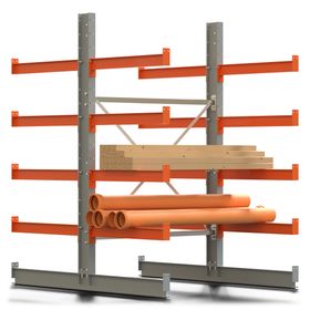 Doppelseitiges Kragarmregal, Grundregal oder Anbauregal, Nutztiefe wählbar, 2.000 x 1.280 mm (HxB), KARL basic, silbergrau/reinorange