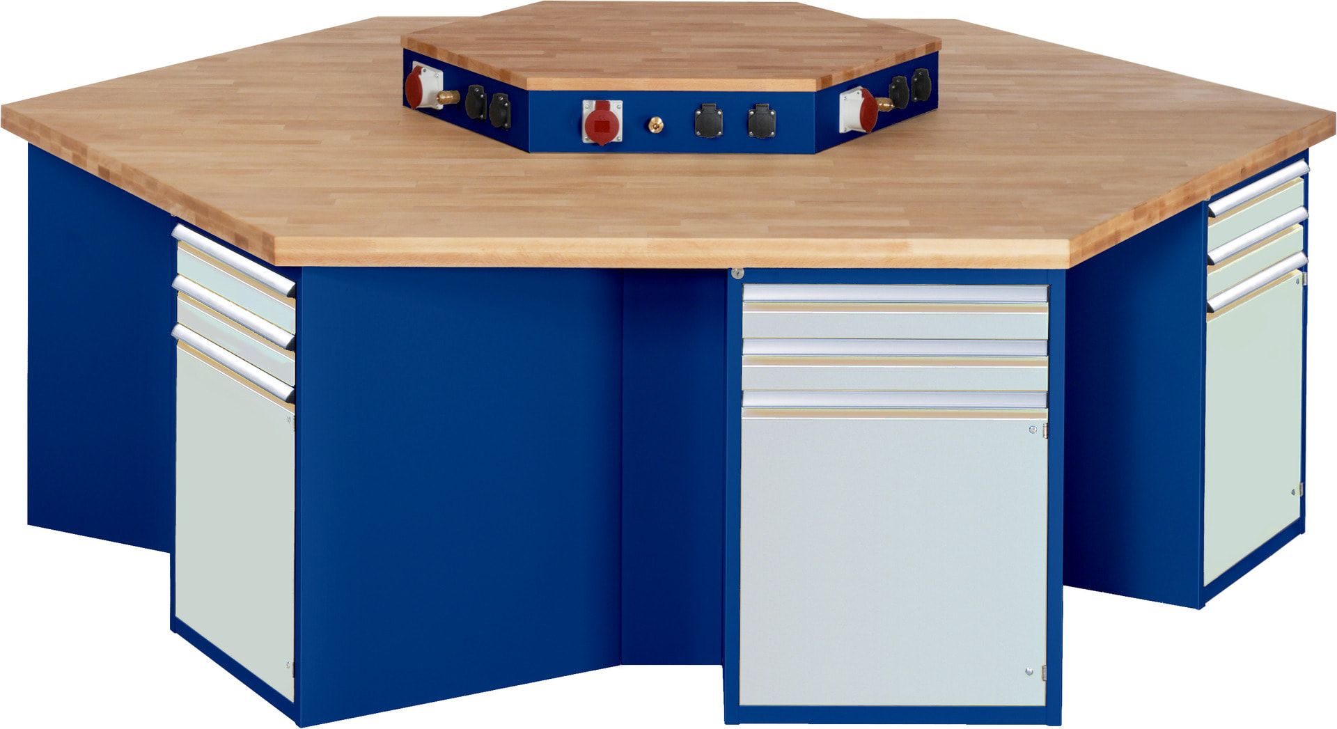 Gruppenwerkbank, Buche, Höhe 840 mm, mit Energieaufsatz, Unterbau-Container, 2 Schubladen, 1 Tür, 1 Boden - Anthrazitgrau