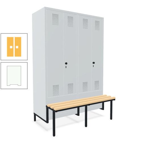 Doppel-Spind, Garderobenschrank, Buche Sitzbank integriert, 4 Abteile 300 mm, Korpus anthrazitgrau, Tür anthrazitgrau, 1.850 x 1.200 x 815 mm (HxBxT)