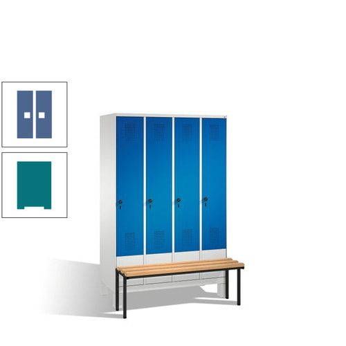Stahl-Garderobenschrank, Spind, Buche Sitzbank vorgebaut, 4 Abteile a 300 mm, Korpus Lichtgrün, Tür Schwefelgelb, 1.850 x 1.200 x 815 mm (HxBxT)