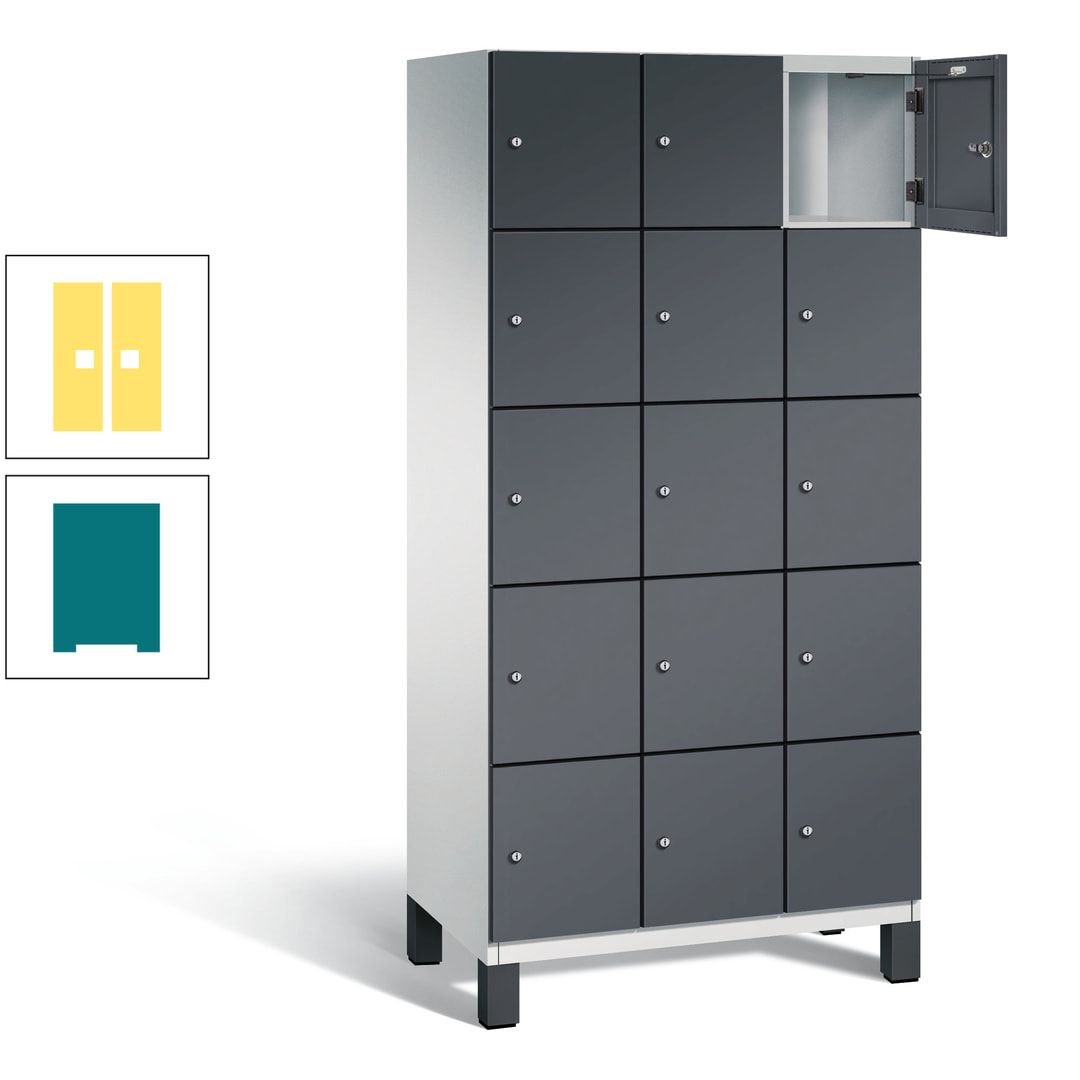 Fächerschrank, Stahlschrank, 15 Fächer, Türöffnungsbegrenzer, Füße, 1.980 x 900 x 525 mm (HxBxT), Korpus anthrazitgrau, Front anthrazitgrau