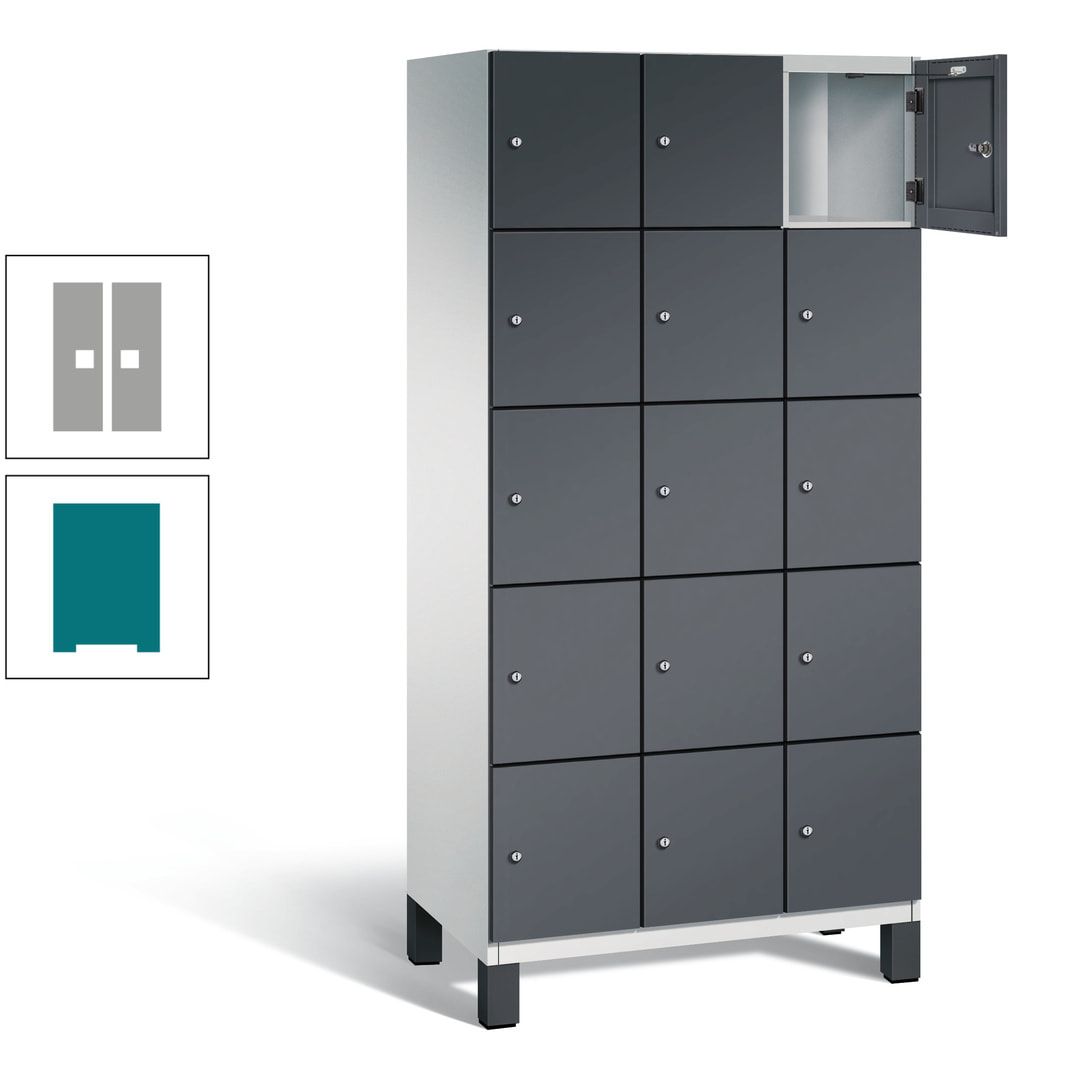 Fächerschrank, Stahlschrank, 15 Fächer, Türöffnungsbegrenzer, Füße, 1.980 x 900 x 525 mm (HxBxT), Korpus anthrazitgrau, Front anthrazitgrau