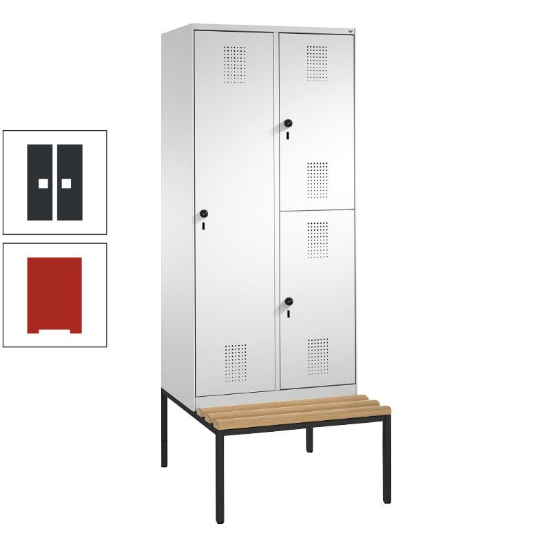 Garderobenschrank, Spind ein- und doppelstöckig Sitzbank, 2 Abteile, 3 Fächer, 2.090 x 800 x 500 mm (HxBxT), Front anthrazitgrau, Korpus anthrazitgrau