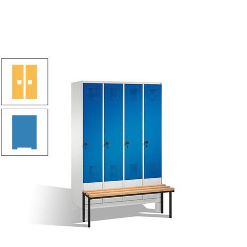 Stahl-Garderobenschrank, Spind, Buche Sitzbank vorgebaut, 4 Abteile a 300 mm, Korpus Lichtgrün, Tür Schwefelgelb, 1.850 x 1.200 x 815 mm (HxBxT)