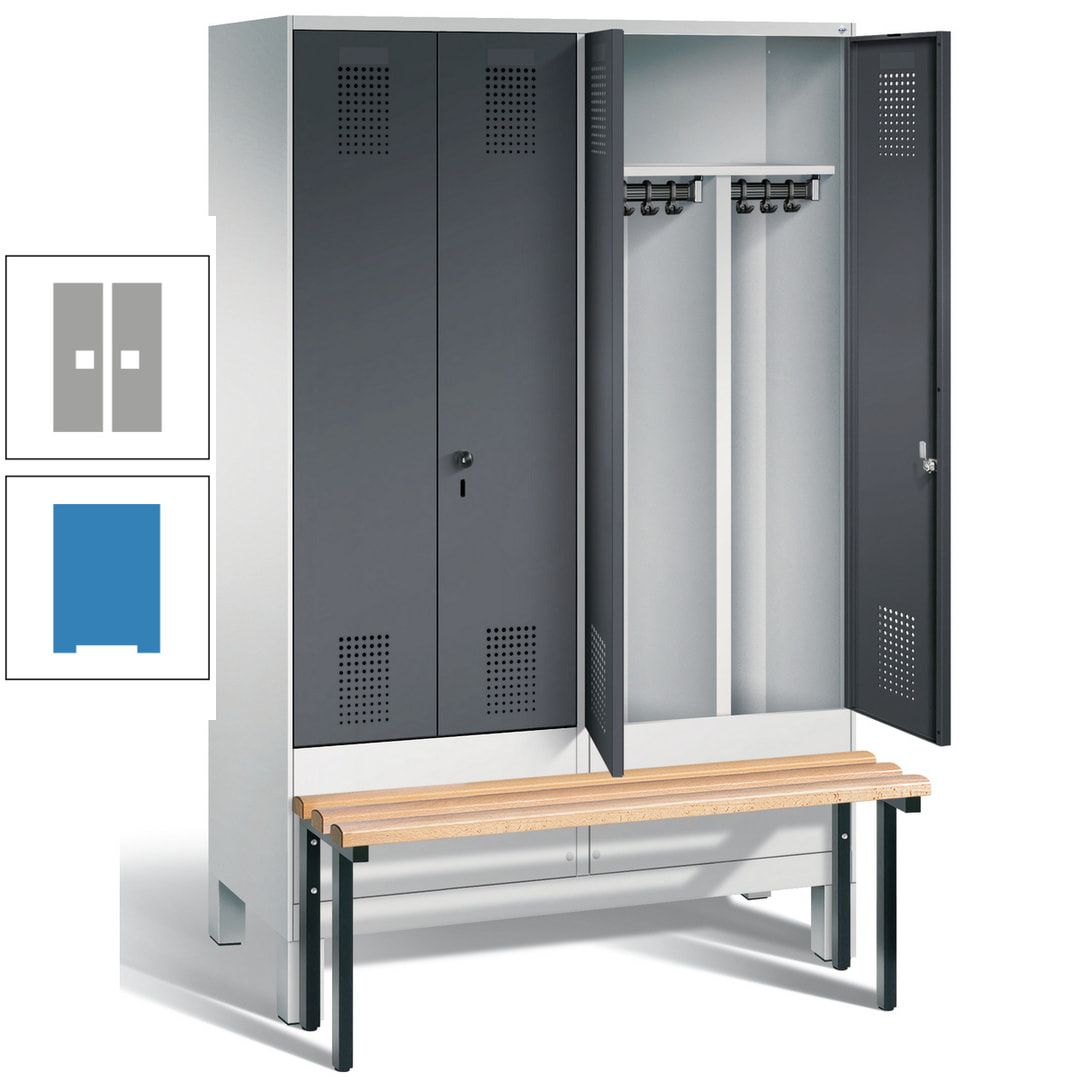 Doppel-Spind, Garderobenschrank, Buche Sitzbank vorgebaut, 4 Abteile a 300 mm, Korpus feuerrot, Tür Wasserblau, 1.850 x 1.200 x 815 mm (HxBxT)