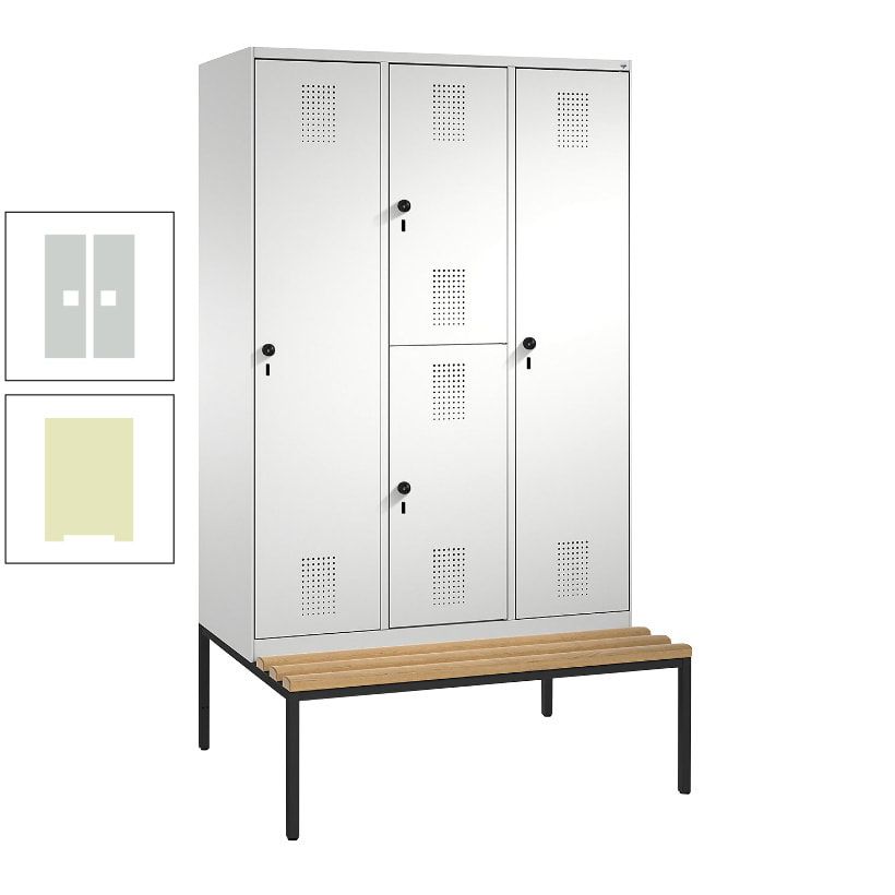 Garderobenschrank, Spind ein- und doppelstöckig Sitzbank, 3 Abteile, 4 Fächer, 2.090x1.200x500 mm (HxBxT), Front anthrazitgrau, Korpus anthrazitgrau