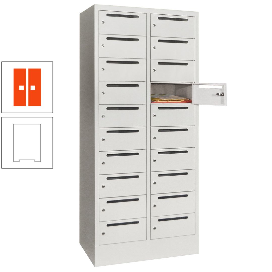 Postverteilerschrank, Schließfachschrank, 2 Abteile a 400 mm, 20 Fächer, 1.850 x 800 x 500 mm (HxBxT), Korpus anthrazitgrau, Front anthrazitgrau