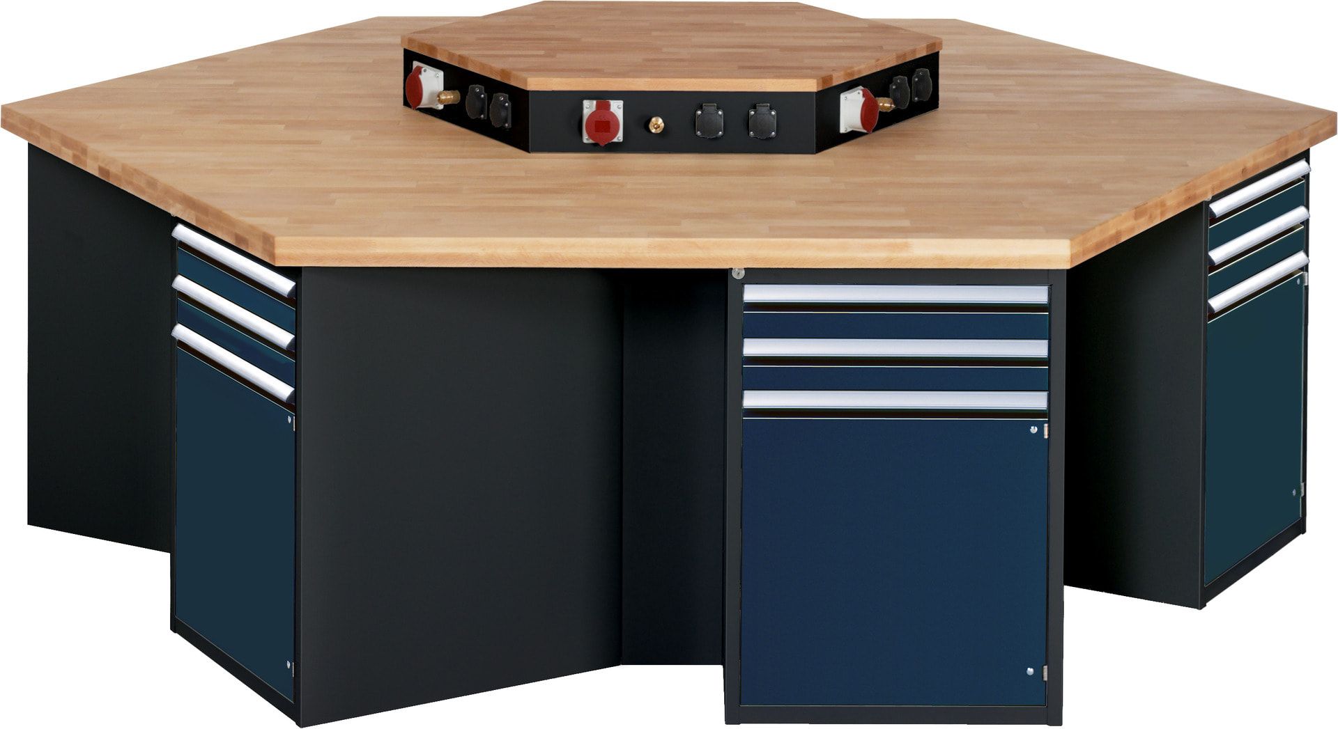 Gruppenwerkbank, Buche, Höhe 840 mm, mit Energieaufsatz, Unterbau-Container, 2 Schubladen, 1 Tür, 1 Boden - Anthrazitgrau