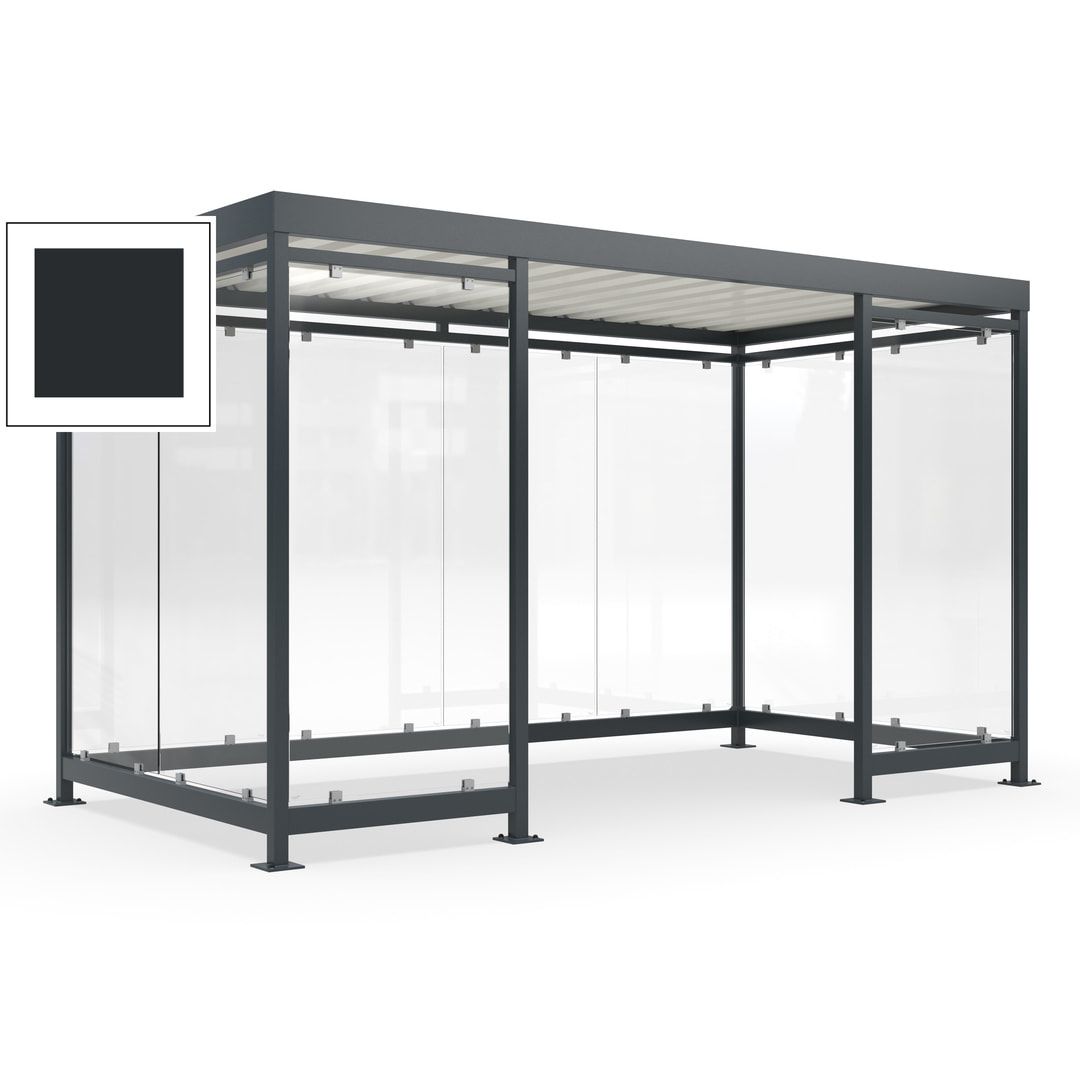 Fahrgastunterstand, Raucherunterstand, fertig montiert, Aufdübeln, 12-13 Personen, 2.510 x 4.195 x 2.165 mm (HxBxT), 10 Wände, Achatgrau
