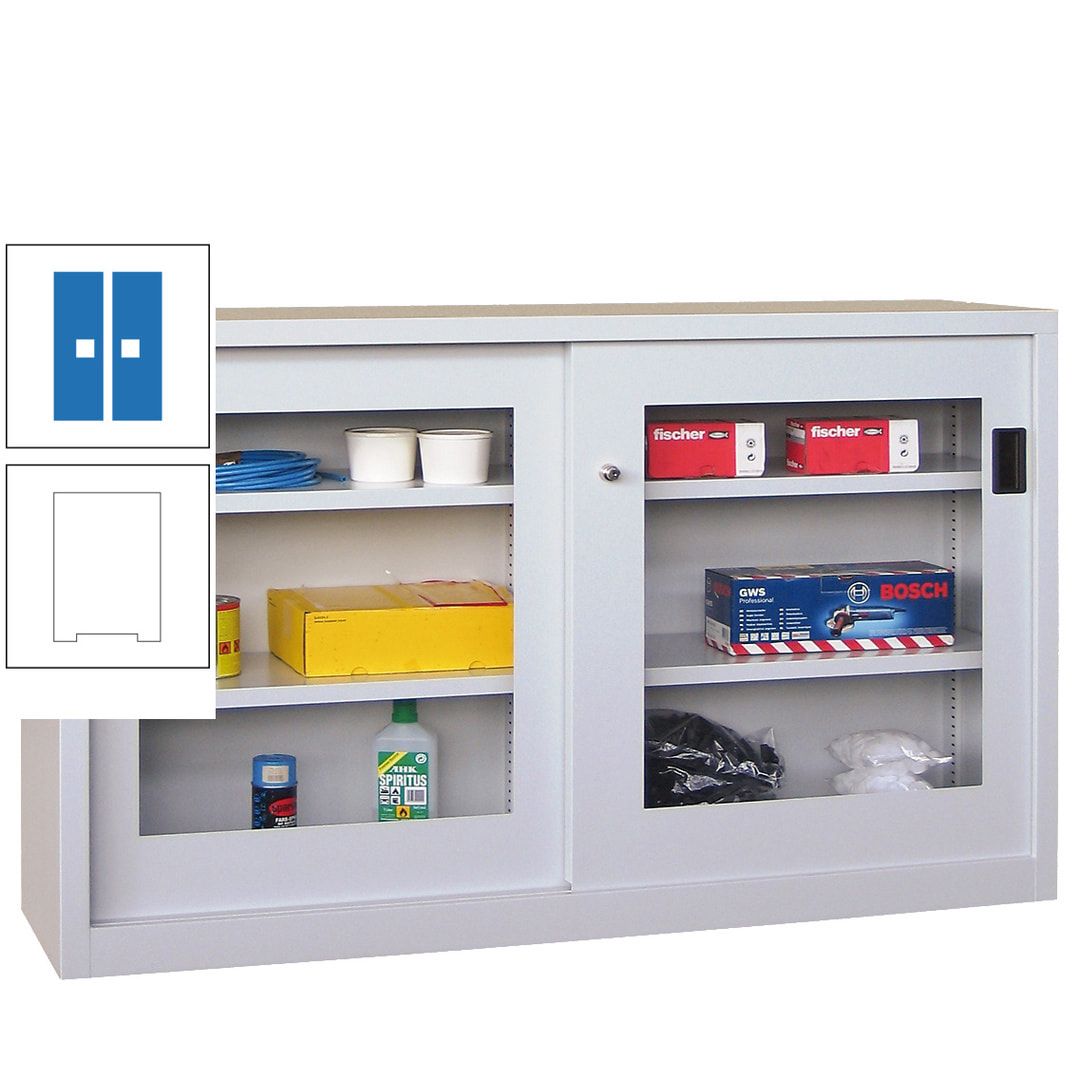 Schiebetürenschrank - Sichtfenstertüren - 1.000x1.500x600 mm (HxBxT) - 4 Böden, verzinkt - Zylinderschloss - anthrazitgrau