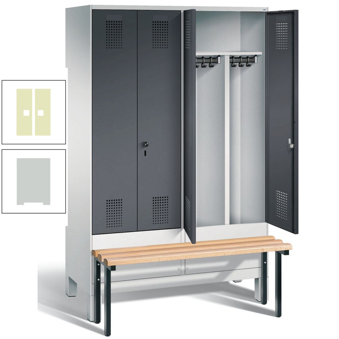 Doppel-Spind, Garderobenschrank, Buche Sitzbank vorgebaut, 4 Abteile a 300 mm, Korpus feuerrot, Tür Wasserblau, 1.850 x 1.200 x 815 mm (HxBxT)