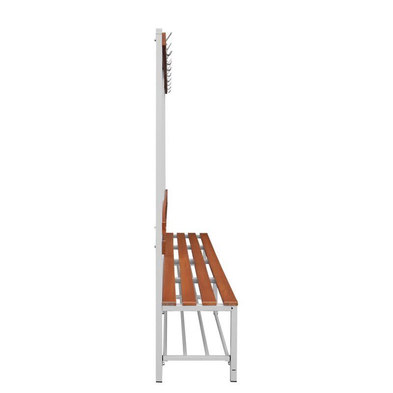 Umkleidebank, Umkleide-Sitzbank, Schuhrost, Haken, Breite 1.200 mm, Sitzhöhe 400 mm, Stahl mit Holzleisten, Gestell: lichtgrau, Sitzleisten: Buche