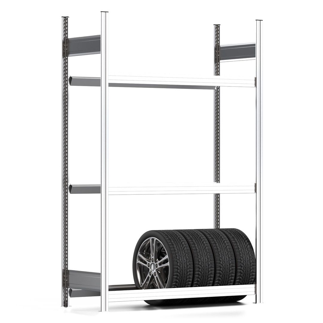 Reifenregal mit Tiefenriegel - 250 kg - 2.000 x 1.695 x 500 mm (HxBxT) - 3 Ebenen - Anbauregal - Steckregal BERT