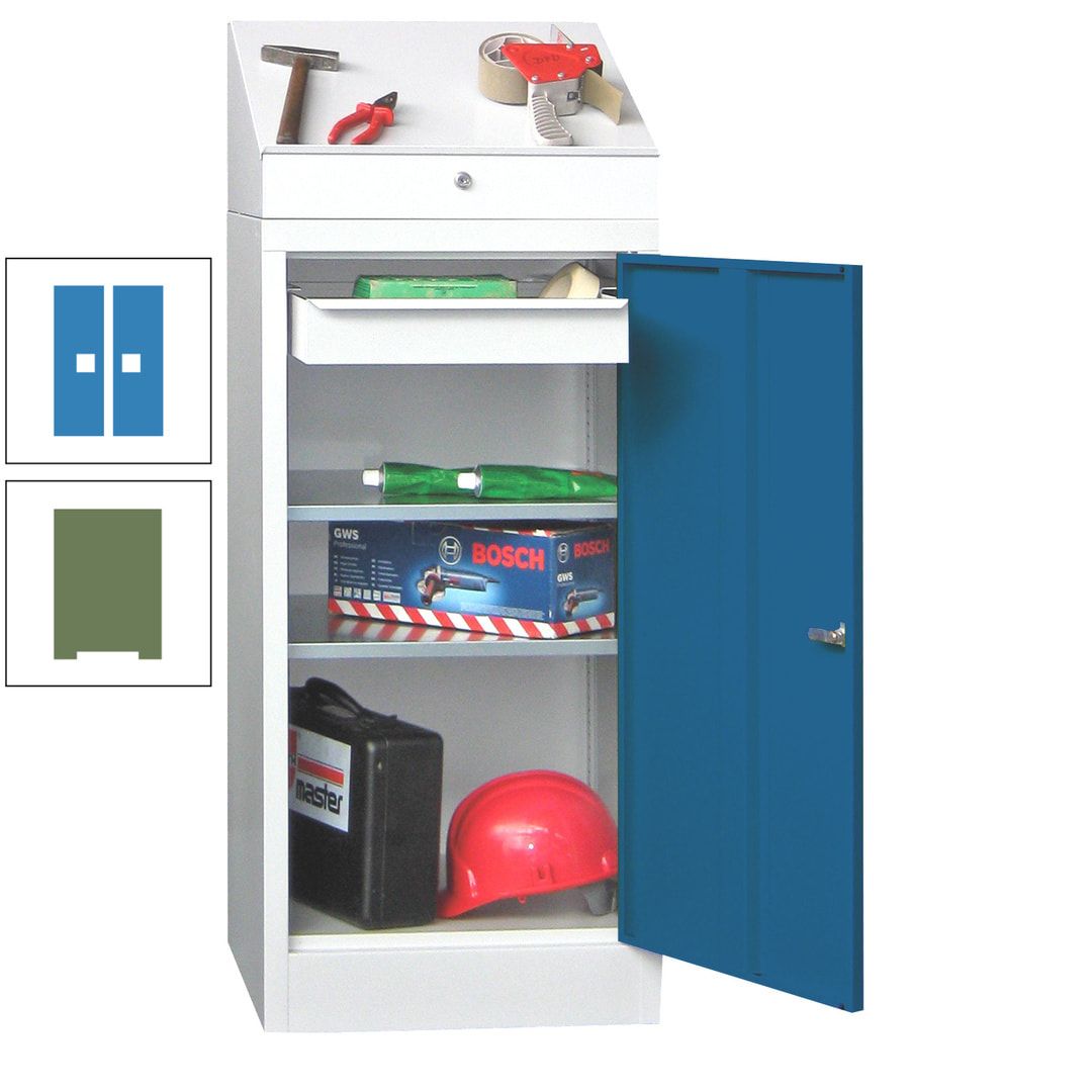 Stehpult mit Schrank - Vollblechtür - 1 Einlegeboden, 1 Ausziehboden, 1 Schublade - 1.270x500x500 mm (HxBxT) - anthrazitgrau