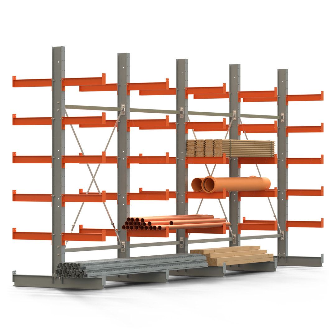 Doppelseitiges Kragarmregal, 2 Felder, 2.500 x 2.560 x 1.120 mm (HxBxT), Nutztiefe 500 mm, Kragarmlast 870 kg, KARL basic, silbergrau/reinorange