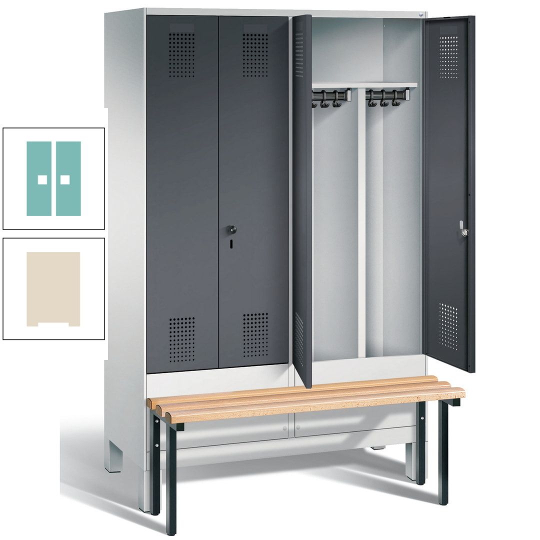 Doppel-Spind, Garderobenschrank, Buche Sitzbank vorgebaut, 4 Abteile a 300 mm, Korpus feuerrot, Tür Wasserblau, 1.850 x 1.200 x 815 mm (HxBxT)