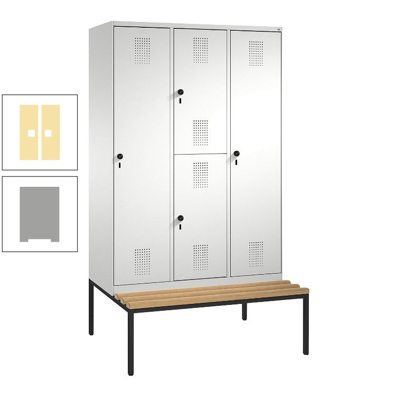 Garderobenschrank, Spind ein- und doppelstöckig Sitzbank, 3 Abteile, 4 Fächer, 2.090x1.200x500 mm (HxBxT), Front anthrazitgrau, Korpus anthrazitgrau
